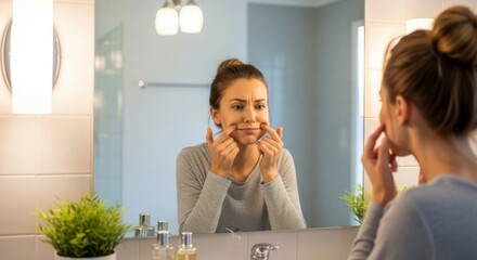 Young woman examining her skin in a bathroom mirror, expressing concern while performing skincare routine, surrounded by beauty products and plants, reflecting self-care and personal grooming