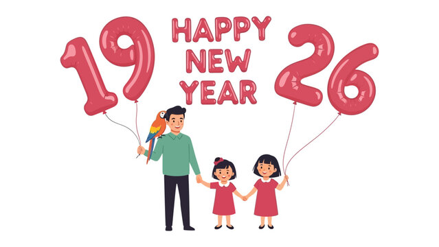 Family New Year Celebration: A happy family celebrate New Year with the words Happy New Year, Holding balloon as 19 26 to welcome new year. This image evokes feelings of hope and unity.