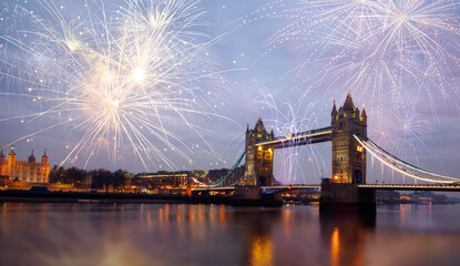 Fireworks over Tower Bridge - New Year destination. London. UK