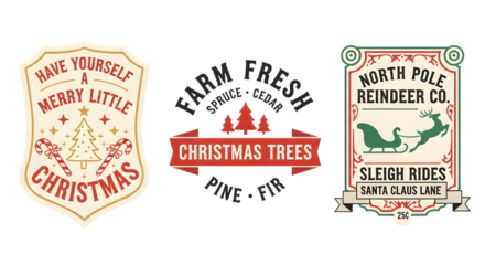 Collection of three vintage christmas signs with festive lettering and graphics