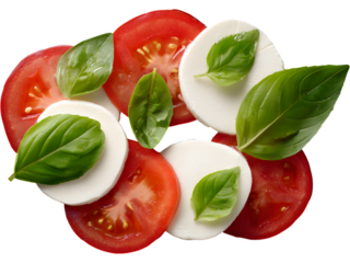 Artistic composition of Caprese salad ingredients isolated on transparent background, symbolizing freshness and Mediterranean style.