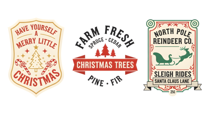 Collection of three vintage christmas signs with festive lettering and graphics