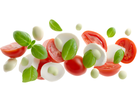 Artistic composition of Caprese salad ingredients isolated on transparent background, symbolizing freshness and Mediterranean style.