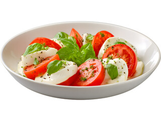 Fresh Caprese salad with mozzarella, tomatoes, and basil isolated on transparent background, symbolizing Italian cuisine and freshness.