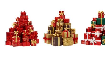 Three piles of stacked christmas gift boxes in red, gold, and green