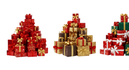 Three piles of stacked christmas gift boxes in red, gold, and green