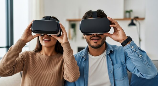 Young couple wearing virtual reality headsets, enjoying immersive gaming experience together in a cozy living room, showcasing modern technology and entertainment