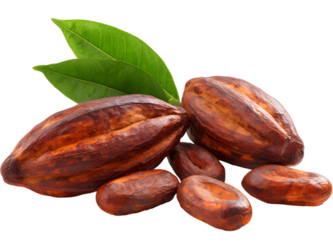 Set of brown cocoa beans isolated on transparent background, ideal for food or chocolate-themed compositions.