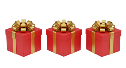 Three red gift boxes with gold ribbon and bows