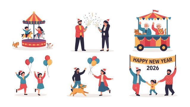New Year Celebration: joyful illustrations capturing scenes of family, friends, and festivities. Each scene is filled with vibrant colors and lively people celebrating a new year. 