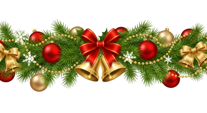 A festive christmas garland border with green fir branches, red and gold baubles, bells, and bows on a transparent background