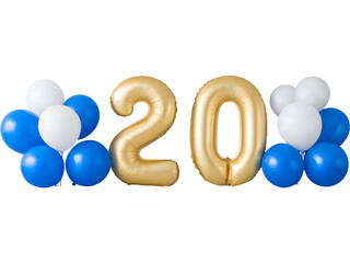 20th celebration gold balloons with blue and white colors isolated on transparent background, representing joy and festivity.
