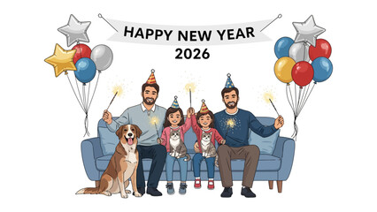Family's New Year Celebration in 2026: A warm and inviting scene depicts a happy family and their pet gathered together on a sofa, ready to usher in the New Year 2026.