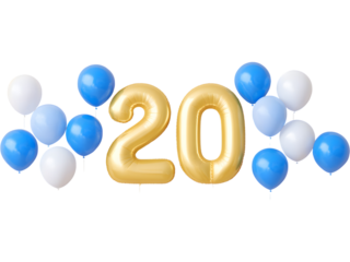 20th celebration gold balloons with blue and white colors isolated on transparent background, representing joy and festivity.
