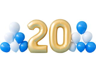 20th celebration gold balloons with blue and white colors isolated on transparent background, representing joy and festivity.