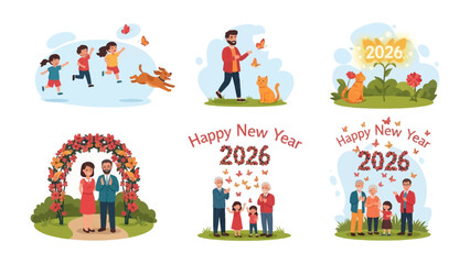 Happy New Year 2026: Festive illustrations depicting families, pets, and nature, celebrating a new year of growth, unity, and joy.