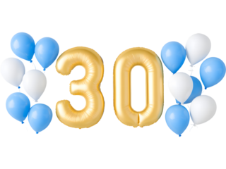 Golden number 30 balloons with blue and white balloons isolated on transparent background, perfect for festive designs.