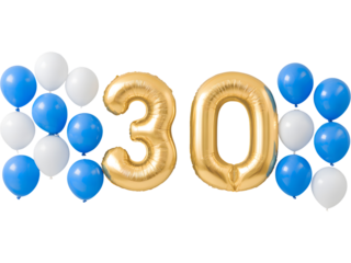Golden number 30 balloons with blue and white balloons isolated on transparent background, perfect for festive designs.