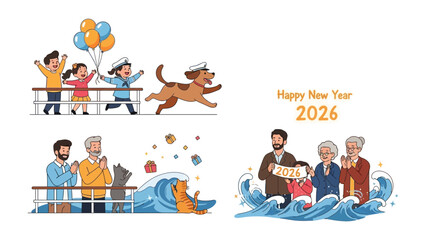 Happy New Year 2026: Celebrate the dawn of a new year, with depictions of family and joy, set against a backdrop of celebratory graphics and maritime themes.