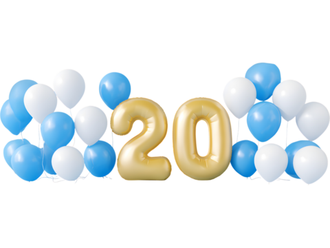 Elegant golden 20 balloons with blue balloons isolated on transparent background, ideal for event and birthday compositions.