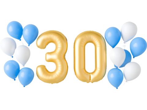 Golden number 30 balloons with blue and white balloons isolated on transparent background, perfect for festive designs.