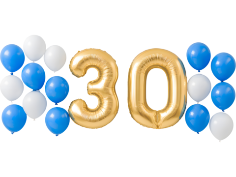 Golden number 30 balloons with blue and white balloons isolated on transparent background, perfect for festive designs. - Powered by Adobe
