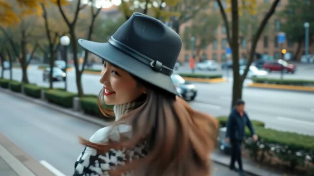 Smiling young woman with long hair wearing black hat and patterned sweater outdoors autumn city street, cheerful mood, autumn trees background