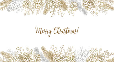 Elegant merry christmas text with a decorative border of pine cones, pine needles, and berries