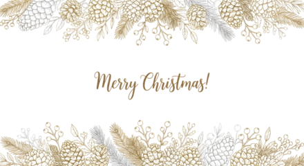 Elegant merry christmas text with a decorative border of pine cones, pine needles, and berries