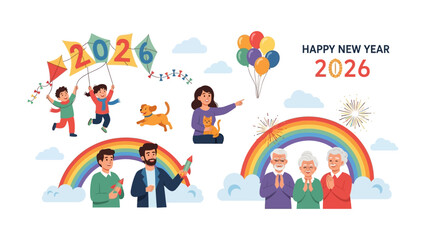 Fototapeta premium New Year 2026 Celebration: Diverse group of people celebrating new year 2026 with balloon, firework, and kite under rainbow. 