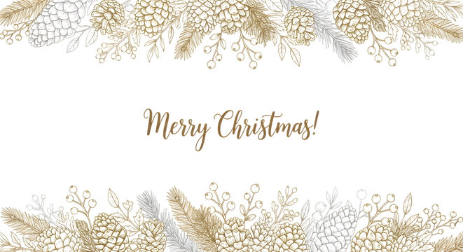 Elegant merry christmas text with a decorative border of pine cones, pine needles, and berries - Powered by Adobe