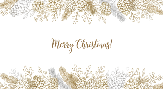 Elegant merry christmas text with a decorative border of pine cones, pine needles, and berries