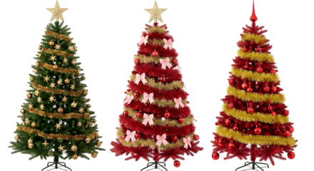 Three decorated christmas trees with ornaments and tinsel