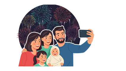 Family Celebration Amidst Fireworks: A close-knit family, beaming with happiness, captures a selfie against a backdrop of vibrant fireworks, commemorating a joyous occasion.