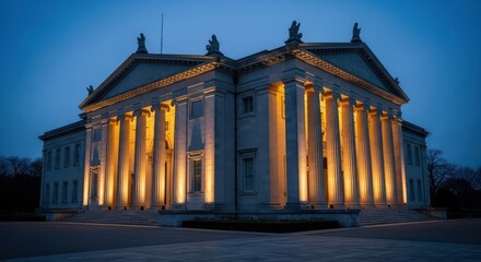 Illuminated neoclassical building with pillars at dusk