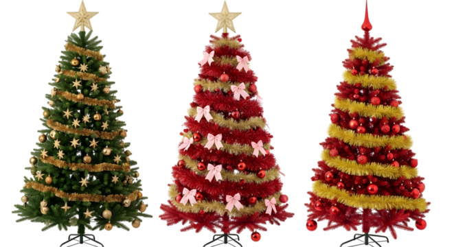 Three decorated christmas trees with ornaments and tinsel