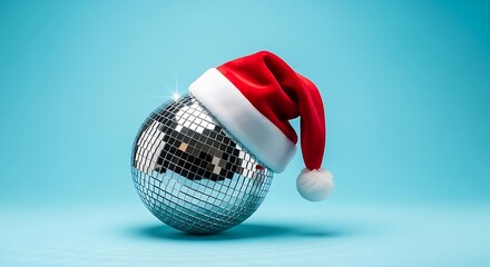 Shimmering disco ball wears a Santa hat against a cheerful light blue studio backdrop