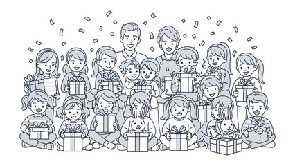 Joyful Gift of Family Gathering: A black and white illustration depicts a happy family surrounded by their children, each holding a gift. confetti falls in celebration of the special occasion.
