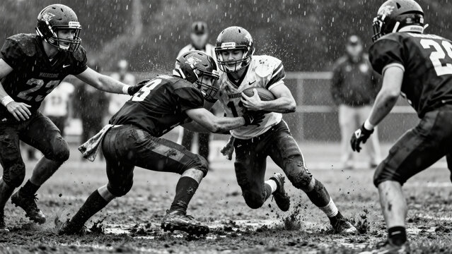American Rugby Tackle Action in Rainy Game on Wet Field