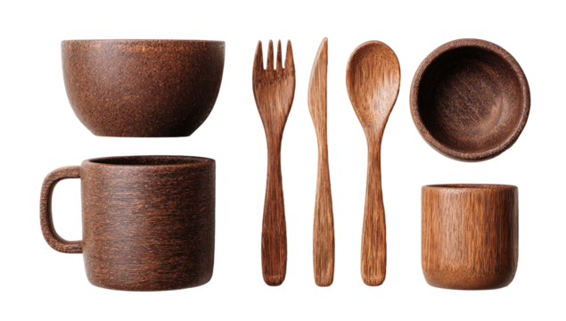 Wood tableware bowls, mug, flatware. Clean layout
