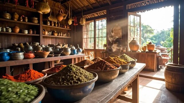 Rustic Spice Shop Interior with Bowls of Spices and Herbs