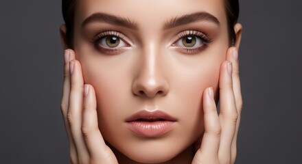 Fototapeta premium Young caucasian female with focused expression and delicate makeup