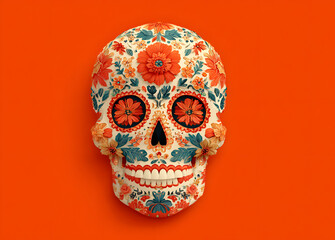 sugar skull for the day of the dead on a minimalistic orange background