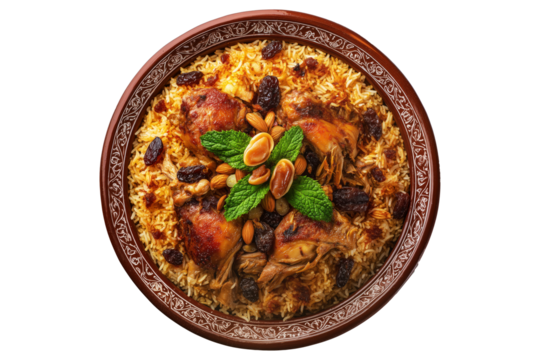 Kabsa bowl spiced biryani with lamb or chicken, rice, nuts, and raisins in wooden bowl, isolated on white transparent background. Concept of Arabic cuisine