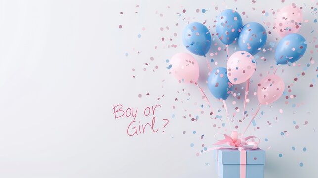 A collection of blue and pink balloons with confetti, accompanied by a gift box. The text 'Boy or Girl?' is written in a playful style.