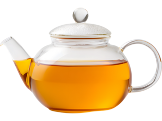 Glass teapot filled with green tea leaves isolated on transparent background, symbolizing freshness and wellness.