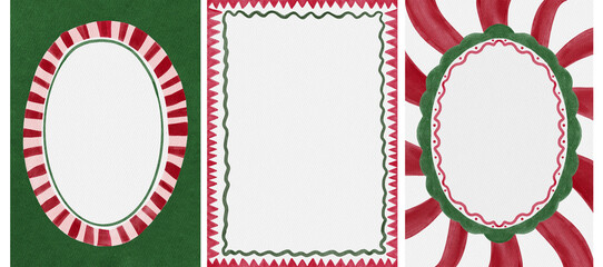 Set of three hand drawn watercolor Circus Theme Christmas background template with frames for festive invites, cards, posters. Red, green borders for christmas decor. 