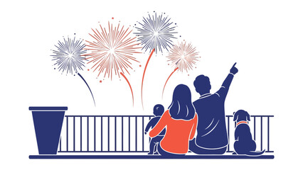 Family Fireworks Spectacle: A family, together with their dog, watches fireworks illuminate the night sky, their silhouettes creating a heart warming scene of unity and celebration.