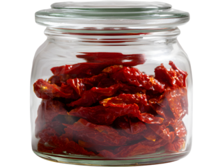 Transparent jar filled with dried tomatoes in oil isolated on transparent background, symbolizing Mediterranean cuisine.