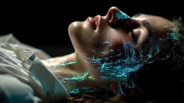 A person's face is illuminated by glowing digital patterns against a dark background